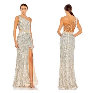 MAC DUGGAL 5687 sequin one shoulder lace up draped gown maxi dress silver nude 6